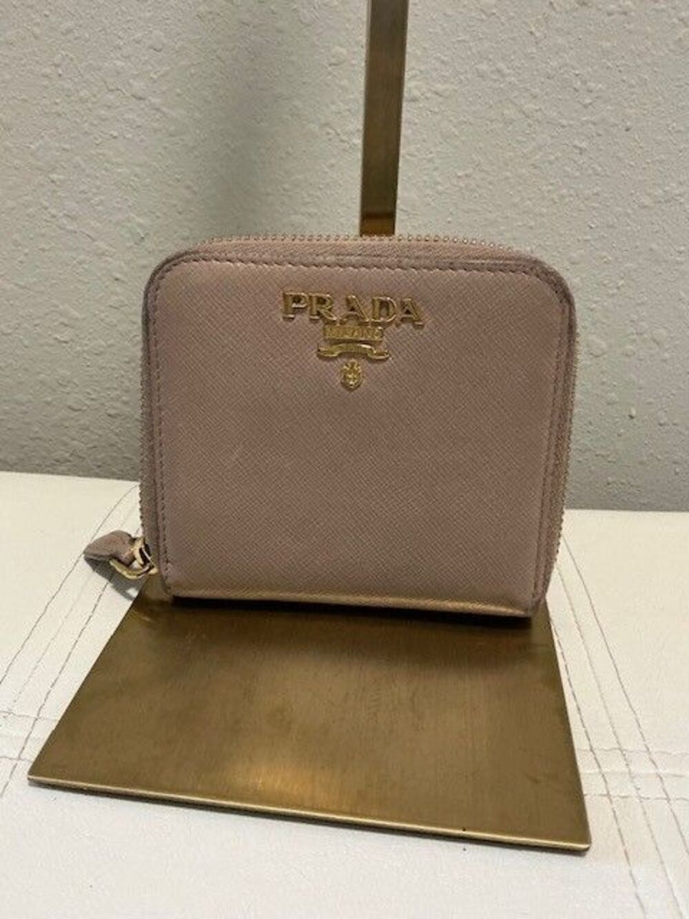 Prada Saffiano Textured Leather Snap Close Trifold Wallet #1ML018